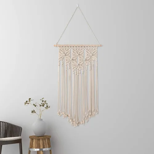 Vista 2 de macramé para colgar en la pared, arte bohemio tejido, decoración del hogar, elegante cuerda de algodón, arte de pared para apartamento, sala de Beige