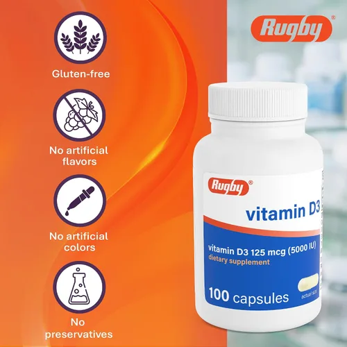 Vista 6 de Rugby Vitamina D3 5,000 UI (125 mcg) - Suplemento dietético de vitamina D para huesos, dientes e inmunidad, 100 cápsulas