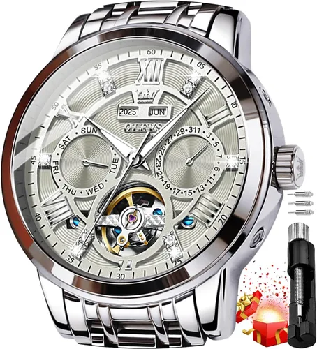 Vista 25 de OLEVS Relojes automáticos para hombre, oro de lujo, vestido de diamantes de cuerda automática, esqueleto mecánico, Tourbillon, reloj de pulsera