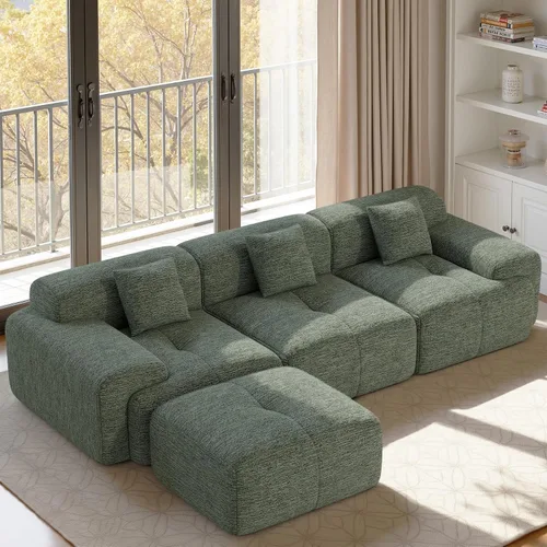 Vista 13 de Sofá modular convertible en forma de L de 122", sofá seccional tipo nube con otomán, sofás de chenilla sin estructura de 4 plazas para sala de Beige