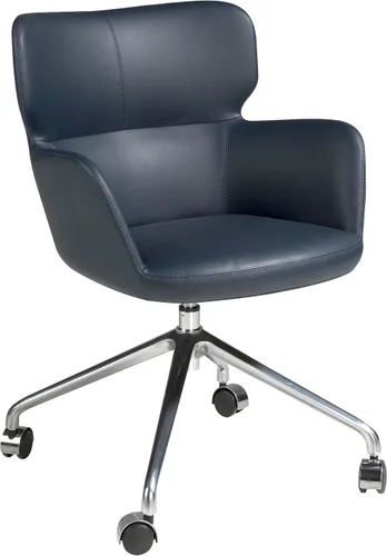 Vista 2 de Silla oficina giratoria con reposabrazos. Tapizada en polipiel Color Azul Marino. Sistema giratorio 360º. Estructura de Patas en acero inoxidable