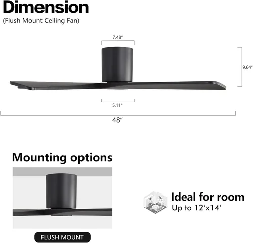 Vista 4 de WINGBO Ventiladores de techo CC de montaje al ras de 48 pulgadas sin luces, 5 aspas de madera maciza tallada, motor CC reversible de 6 velocidades
