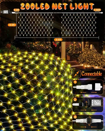 Vista 3 de Luces de Red de Halloween de 9.8 x 6.6 pies, 200 Luces LED de Malla para Exteriores con 8 Modos, Luces de Cadena Impermeables para Arbusto