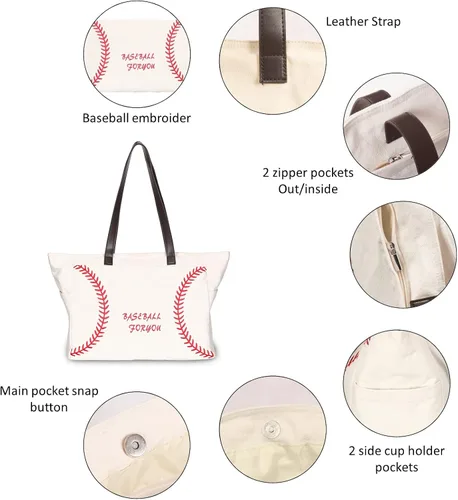 Vista 4 de Bolsas de béisbol para mujer, bolsas de lona gruesa con bolsillos, artículos esenciales deportivos para mamá, accesorios para el día del juego