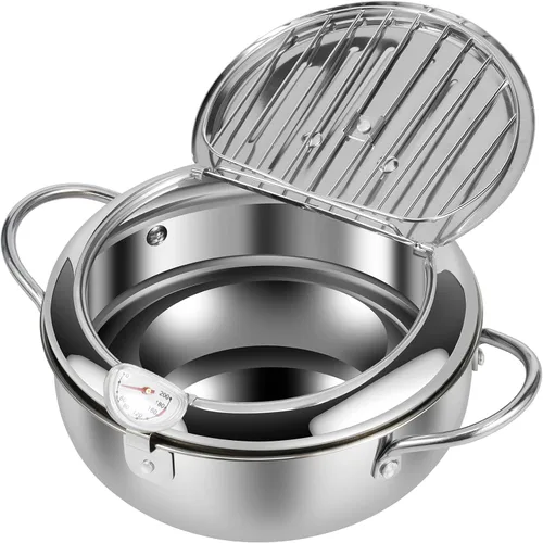 Vista 7 de Olla freidora profunda de 8.27 pulgadas/2.2 L, olla de tempura estilo Janpanese con cesta coladora y termómetro, olla profunda de acero inoxidable
