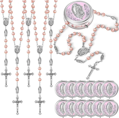 Vista 8 de Jadive Collar de rosario católico de 0.236 in, collar de perlas de cristal con caja de regalo de metal para mujeres y hombres, regalo de oración