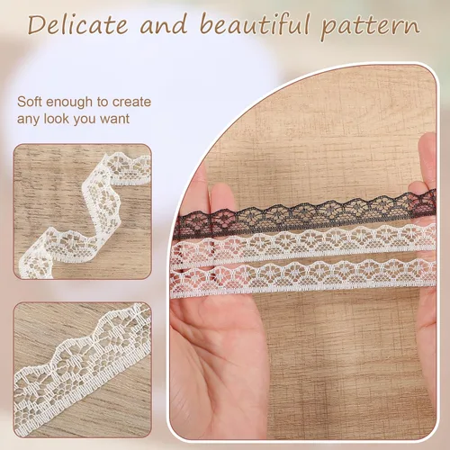 Vista 4 de Rollo de cinta de encaje de 60 yardas de 0.6 pulgadas de ancho, para decoración de bodas, ramo y embalaje de regalo (negro, blanco, beige)