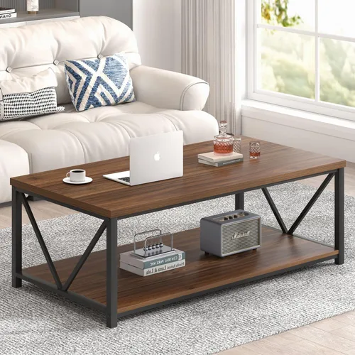 Vista 15 de FOLUBAN Mesa de centro con almacenamiento, mesas centrales pequeñas modernas para espacios pequeños, mesa de cóctel de madera rústica y metal