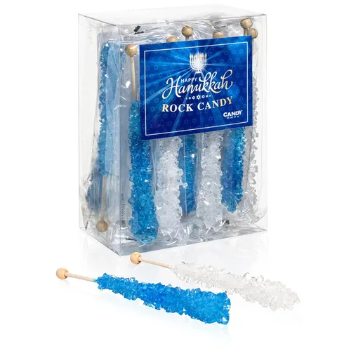 Vista 3 de Palitos de azúcar Hanukkah Rock Candy - Certificado Kosher - 10 envueltos individualmente - Recuerdos de fiesta de dulces azules y blancos