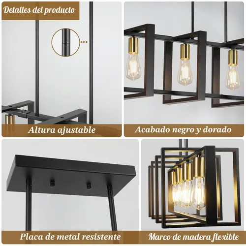 Vista 7 de Lámpara de comedor de 4 luces, lámpara de madera de granja de 53 pulgadas, iluminación de isla de cocina, sobre mesa, moderna lámpara colgante