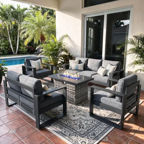Vista 13 de LayinSun - Juego de muebles de patio de aluminio para exteriores de 4 piezas, sofá de conversación moderno de metal con mesa de café y cojines Negro