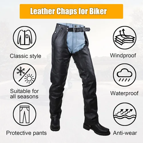 Vista 6 de GARGOYLE BELLS Chanclas de cuero para motocicleta para hombres y mujeres, pantalones de cuero suave con abertura para motociclista