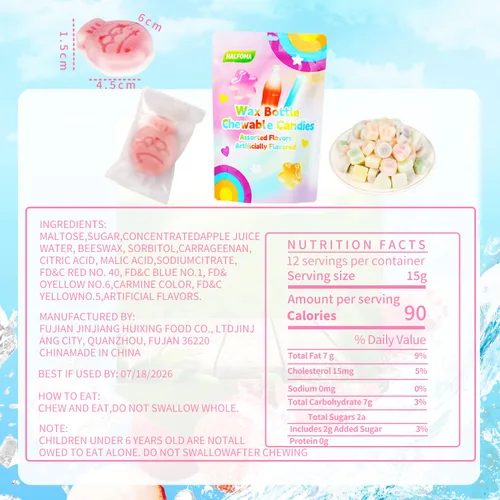Vista 2 de Chuxinyinian Botella de cera masticable, 20 piezas con 2 peces Lagre, sabores surtidos de frutas, recuerdos de fiesta, 6.3 onzas