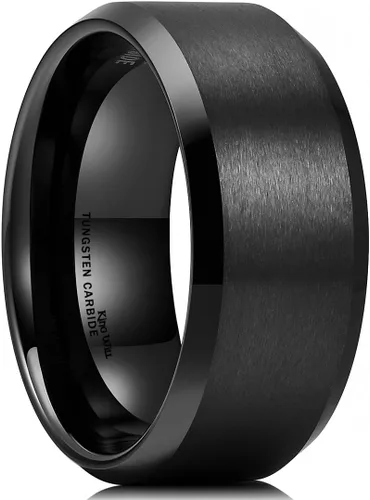 Vista 22 de King Will Anillo de tungsteno para hombres de King Will - Disponible en 6 mm a 10 mm, negro/plata, acabado mate, borde biselado pulido, ajuste