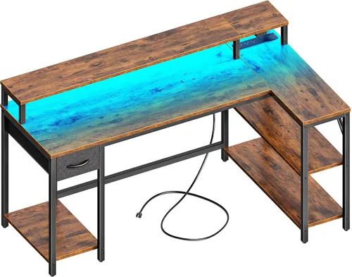 Vista 11 de SUPERJARE Escritorio reversible en forma de L de 47 pulgadas con luces LED y tomas de corriente, escritorio para computadora con estantes y soporte