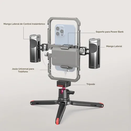 Vista 3 de SmallRig Kit universal todo en uno de aparejo de video para teléfono, con asas de control inalámbrico, soporte para banco de energía, trípode