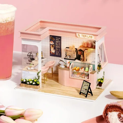Vista 2 de Roroom Kit de casa de muñecas en miniatura y muebles, modelo de casa de muñecas de madera 3D con cubierta a prueba de polvo y LED, idea creativa