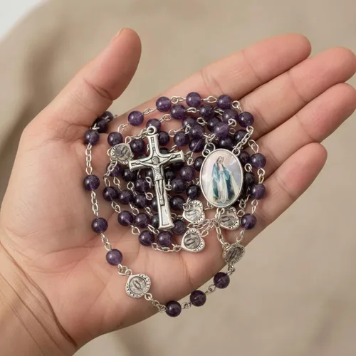 Vista 4 de Nazareth Store Cuentas de piedra natural con corazón de epoxi milagroso, cuentas de metal, collar de rosario, regalos cristianos de piedras preciosas