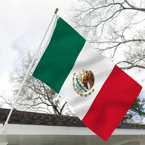 Vista 2 de Bandera mexicana bordada de doble cara para exteriores, 3 capas, poliéster 340D resistente y cabecera de lona duradera