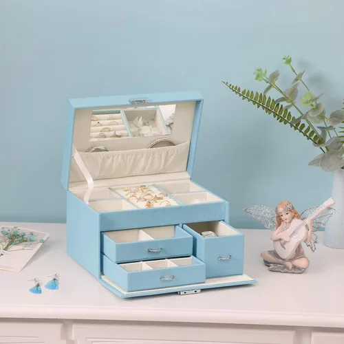 Vista 2 de BEWISHOME SSH78L - Joyero de 20 secciones para niñas, organizador de joyas con cerradura portátil para mujeres, niñas, niños, color azul