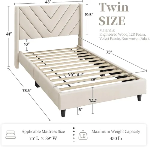Vista 2 de YAHETECH - Base de cama tapizada tamaño individual con plataforma y cabecera con ala, soporte de listones de madera, cabecera copetada con ala, base