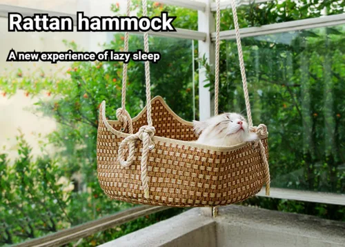 Vista 2 de Hamaca de ratán para gatos, cesta colgante de verano para balcón, cama de gato, nido de sol, jaula, suministros para mascotas