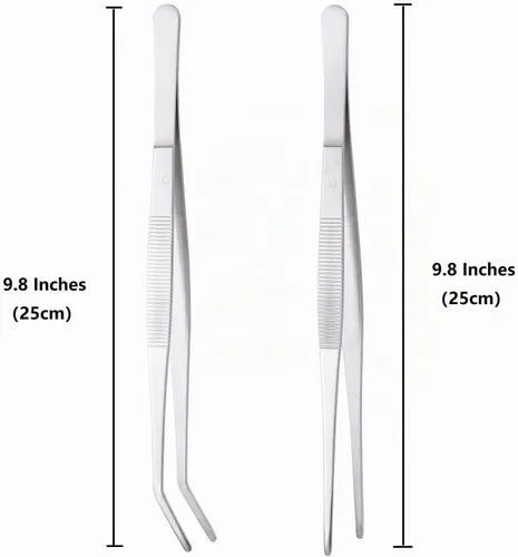 Vista 2 de Miupoo Pinzas rectas y curvadas de acero inoxidable, mango largo, juego de pinzas de precisión extralargas con puntas dentadas, plateado, 2 piezas