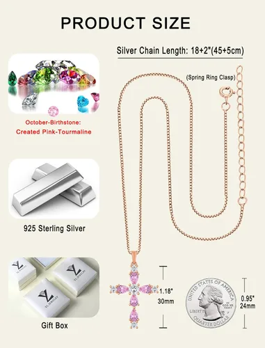 Vista 28 de YL Collar de cruz de plata de ley 925 con colgante de piedra natal religiosa para mujer