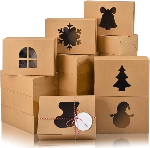 Vista 12 de COTOPHER 18 cajas de galletas de Navidad con ventana, 10 x 10 x 2.5 pulgadas, cajas de panadería marrones para regalo, cajas de postre de papel