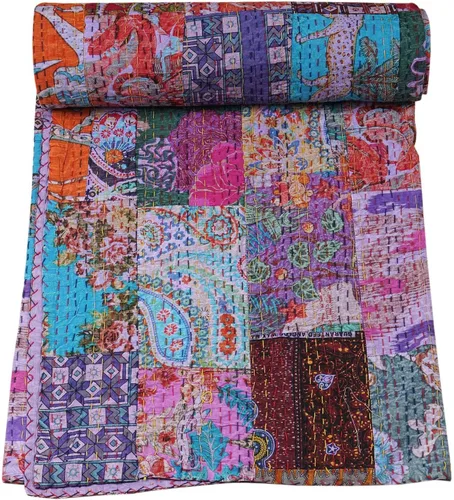 Vista 26 de Marubhumi Colchas hechas a mano tradicional de algodón puro con estampado de cachemira Kantha, funda de cama reversible con estampado de cachemira