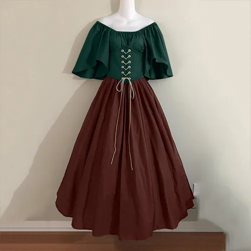 Vista 2 de Vestido irlandés tradicional para mujer, disfraz medieval corto, vestido victoriano de talla grande con corsé y manga acampanada, vestido de baile