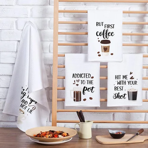 Vista 5 de Vansolinne Juego de 4 toallas de cocina de café con diseño de gofres, divertidas toallas de barra de café para regalos de mamá y anfitriona
