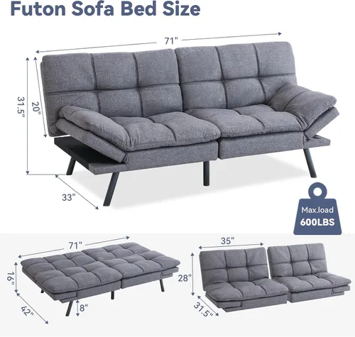 Vista 2 de Hcore Sofá cama convertible con respaldo dividido para sala de estar, oficina, apartamento, sofá biplaza de espuma viscoelástica, sofá pequeño Gris