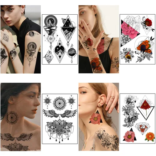 Vista 3 de Yazhiji 32 hojas de tatuajes temporales para adultos, tótem, flor de rosa, girasol, tatuajes falsos para mujeres y hombres, brazo planeta Hlalf