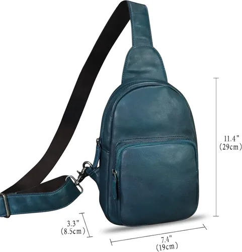 Vista 5 de Bolso de cuero genuino para mujeres y hombres, hecho a mano, de cuero, bolso cruzado, Azul, Mochilas Sling