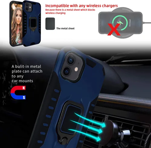 Vista 4 de MODOS LOGICOS Funda para iPhone 12 / iPhone 12 Pro de 6.1 pulgadas, 2 capas a prueba de golpes con soporte de anillo giratorio de metal 360 Azul