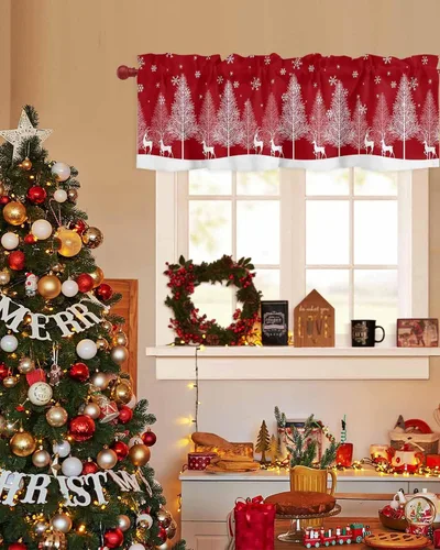 Vista 3 de Cenefas de Navidad para ventanas de cocina, cenefa de árbol de Navidad para sala de estar, cenefa de ventana de renos de invierno con bolsillo