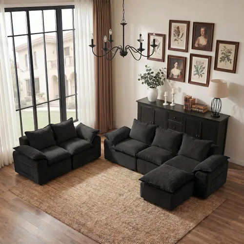 Vista 10 de Sofá en forma de L de 108 pulgadas para sala de estar, sofá convertible en forma de L sin hueso con otomana, sofá comprimido de 3 plazas, sofá