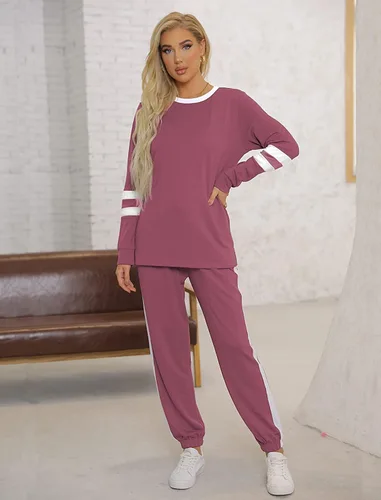 Vista 2 de Aloodor conjunto deportivo de 2 piezas para mujer, con sudadera con cuello redondo, sin botones