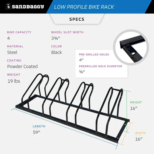 Vista 3 de Sandbaggy Portabicicletas comercial de perfil bajo, para exteriores, montaje en superficie, acero - 4 bicicletas (4 de capacidad (perfil bajo), 1)