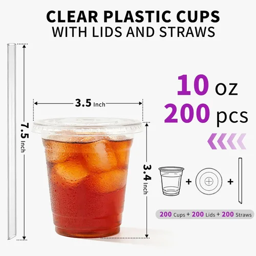 Vista 2 de Astomi Vasos de plástico desechables de 10 onzas, tazas de café helado transparentes con tapas y pajitas, vasos de plástico resistentes y seguros