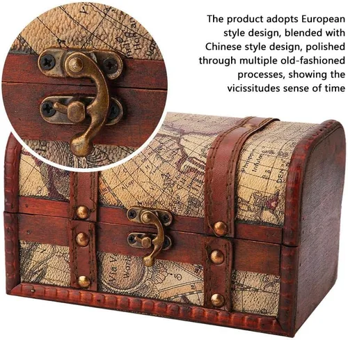 Vista 3 de Cofre del tesoro pirata caja de madera decorativa hecha a mano caja de almacenamiento de joyas para decoración del hogar Mapa