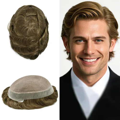 Vista 22 de Monofilamento fino para hombre, sistema de cabello humano Remy, piel de polietileno transparente alrededor del postizo de monofilamento, peluca