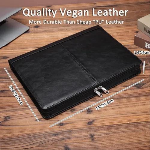 Vista 2 de Portafolio de cuero con carpeta de 3 anillas, padfolio de cuero vegano con cremallera, portafolio organizador profesional de negocios para regalo