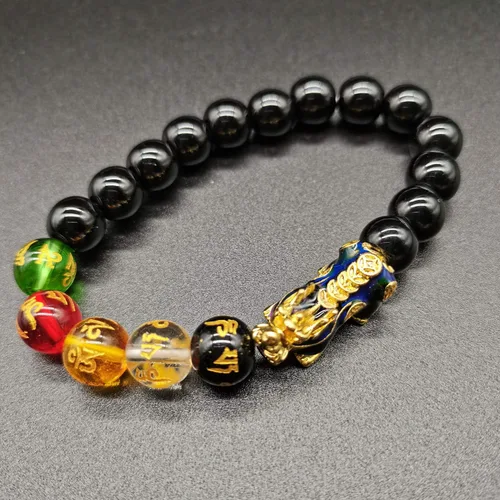 Vista 4 de Pulsera de cuentas de Feng Shui de 0.394 in de piedra natural, mantra, color cambiado, pulsera PixiuPi Yao, atrae riqueza y buena suerte