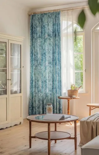 Vista 5 de Cortinas azules para ventana de sala de estar de 84 pulgadas de largo, juego de 1 panel largo de lino de algodón con textura floral, cortinas