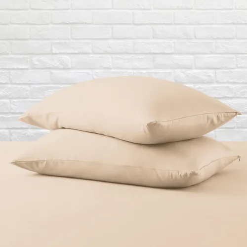 Vista 2 de Juego de 2 protectores de almohada estándar, 100% algodón egipcio con cremallera, 400 hilos, tejido satinado, algodón, color beige, fundas