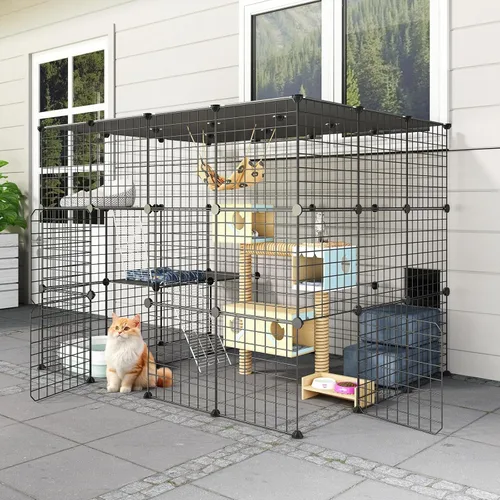 Vista 10 de Oneluck - Casa para gatos al aire libre, jaulas para gatos con puerta de entrada súper grande, balcón para gatos con plataformas de 41 pulgadas