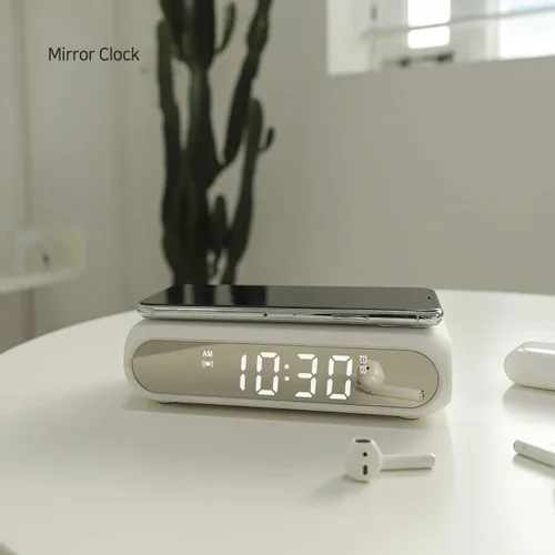 Vista 2 de Mooas Qi Wireless Charging Slim Mirror Desk Clock (blanco), compacto reloj despertador digital con puerto USB, cargador inalámbrico para iPhone