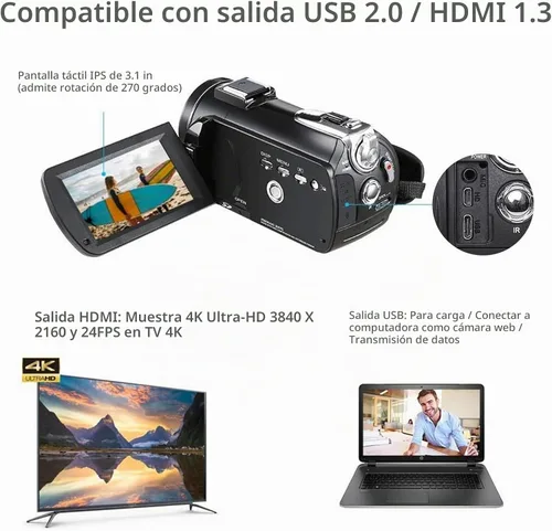 Vista 8 de Videocámara 4K ORDRO con visión nocturna, Cámara de video para Vlog, Caza de fantasmas, para YouTube, pantalla táctil IPS de 3.1’’, videocámara